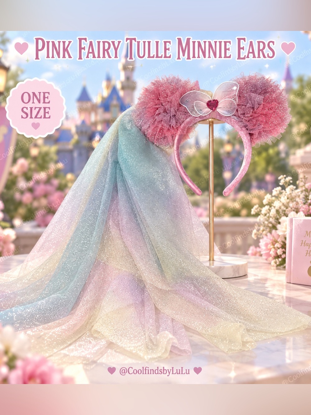 Pink Fairy Tulle Minnie Ears with Pastel Veil – One Size